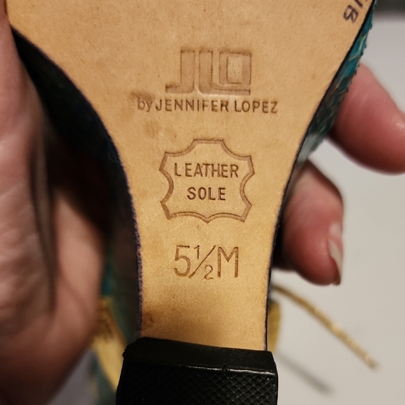 Jennifer Lopez Gold and Teal Blue Wedges with Textured Design - Picture 3 of 7